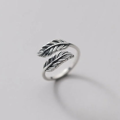 925 Sterling Silver Feather Adjustable Rings For Women Vintage Wedding Luxury Quality Jewelry Accessories With