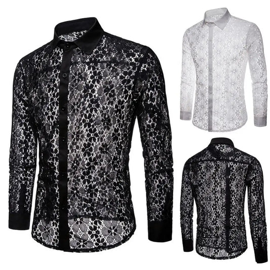 Turn Down Collar Cotton Men Shirts Long Sleeve Buttons Shirt Men Solid Color Sexy Lace See Through Clubwear Down Shirt