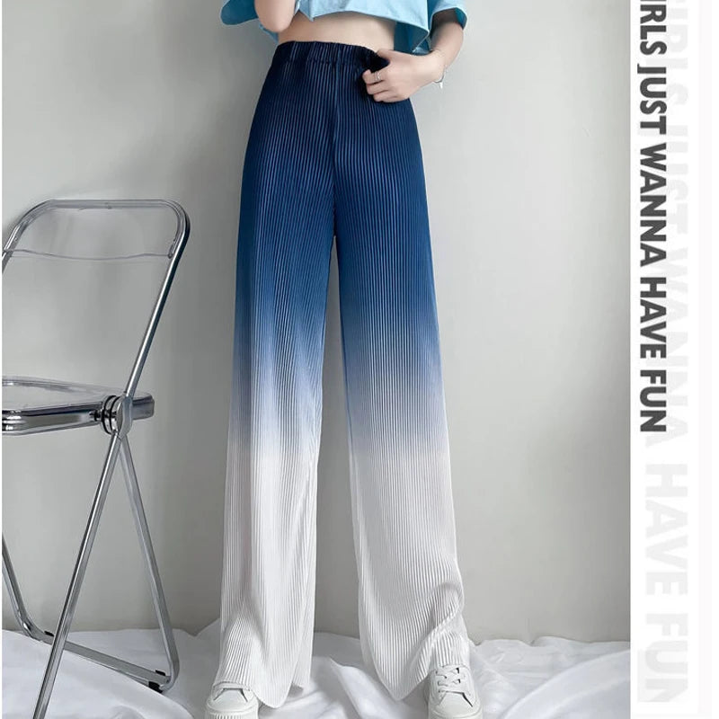 2022 Summer New Gradient Color Ice Silk Wide Leg Pants High Waist Thin Loose Straight Casual Trousers Comfortable Women Clothing