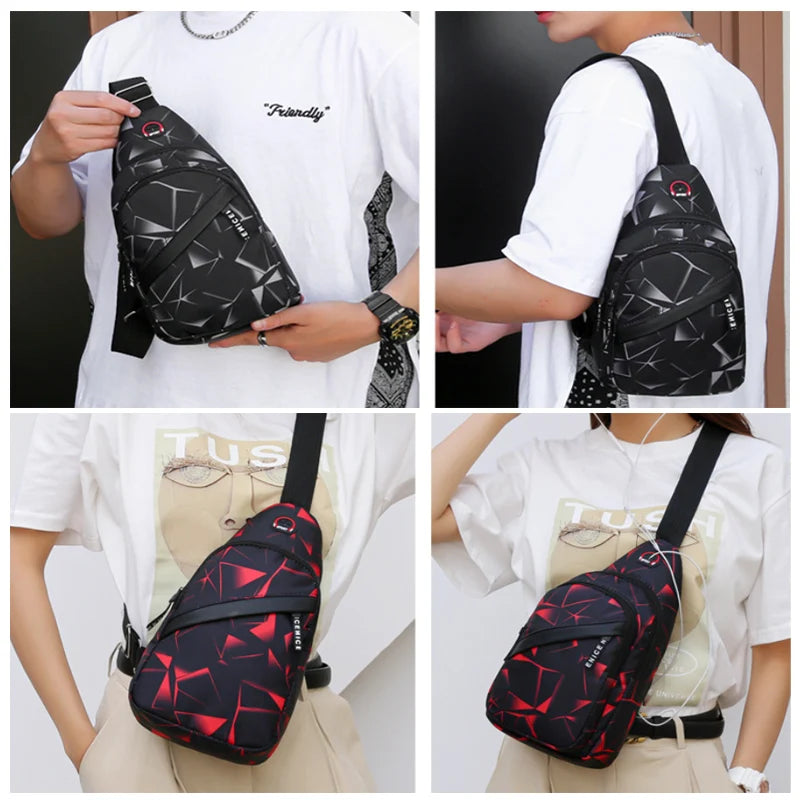 Men's Chest Bag Geometric Pattern Oxford Cloth Adjustable Zipper Chest Bag Fashion Chest Bag With Earphone Hole