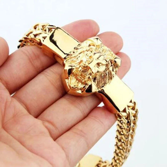 Fashion Gold Color Lion King Stainless Steel Braided Chain Bracelet Domineering Men\\'s Rock Wristband Alloy Lion Head Jewelry