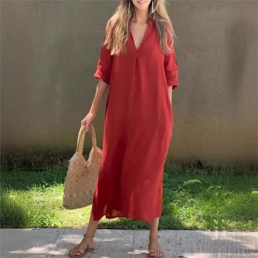 Fashion Side Slit V Neck 7 Point Sleeve Women's Summer Dress Vintage Cotton Linen Solid Color Casual Pocket Elegant Female Dress