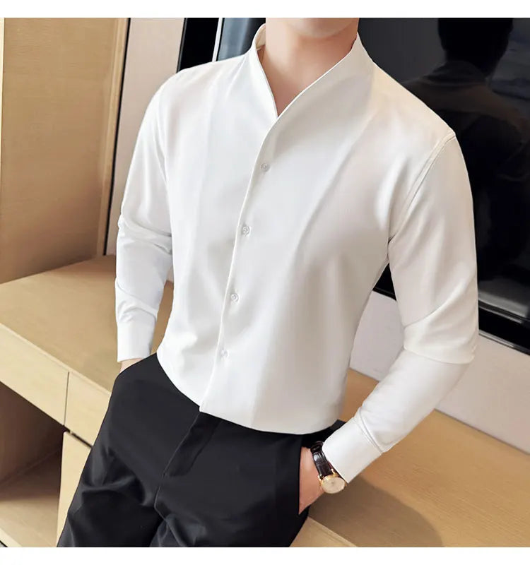 Brand Clothing Men's High Quality V-neck Long Sleeve Shirts Male Slim Fit Fashion Solid Color Office Dress Shirt 4XL-M