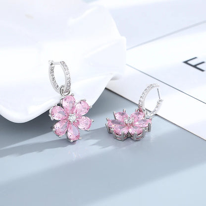 Pink Flower Sparkling Zircon S925 Sterling Silver Drop Earrings for Women Vintage Jewelry Wedding Engagement Hoop Earrings Gifts