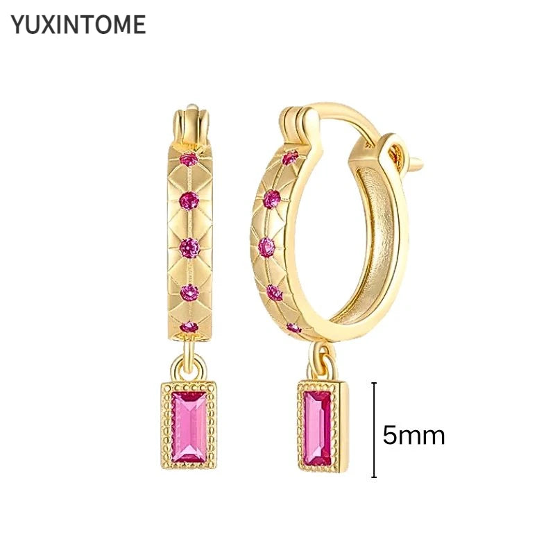 925 Silver Ear Needle Rose Red Hoop Earrings For Women Exquisite Water Drop/Flower/Heart Crystal Piercing Huggie Earring Jewelry