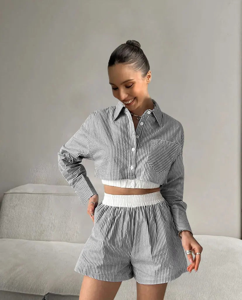 2 Pieces Set Sexy 2024 Summer Autumn Fashion Women Set Female Tops Stripe Long Sleeve Shirt Tops And Shorts Suit Matching Outfit