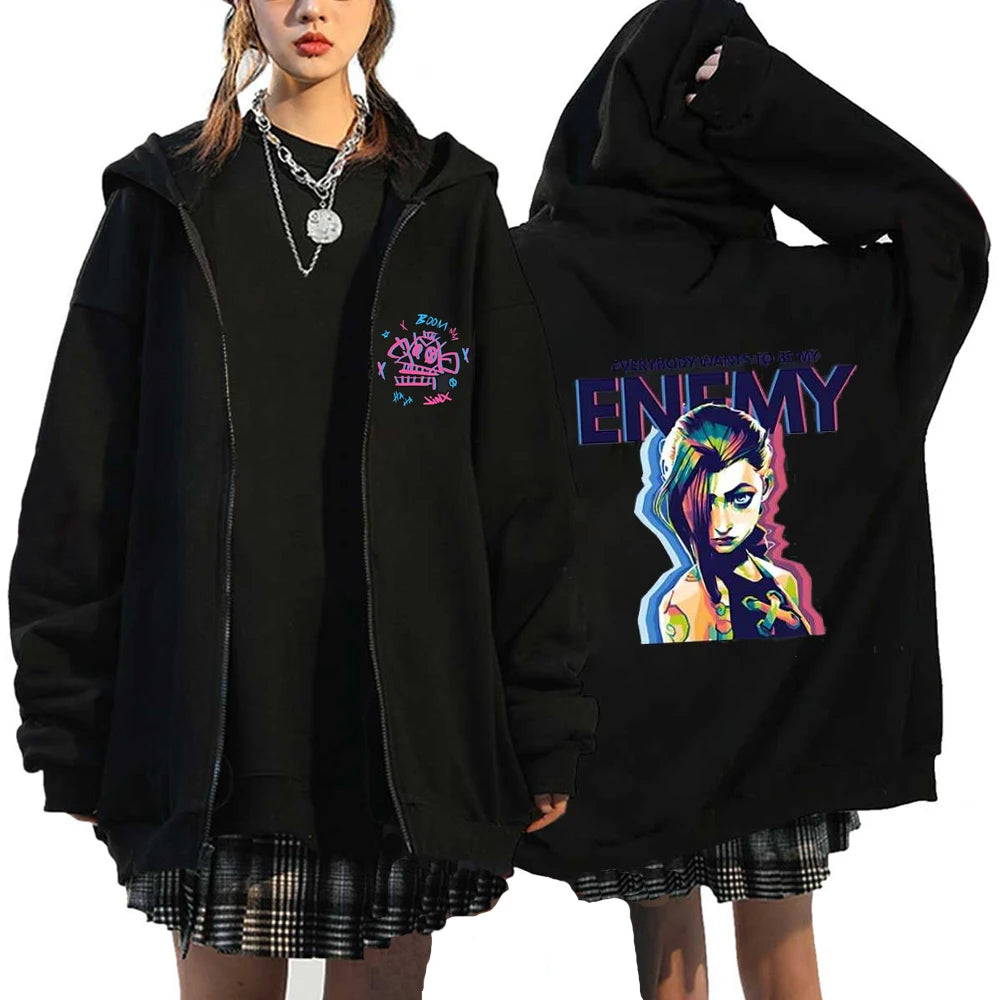 Arcane Jinx Graphic Zipper Hoodie Men's Women's Monkey Graffiti Sweatshirt Game Lover Oversized Zip Up Jacket Unisex Streetwear