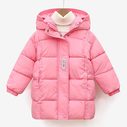 2024 Winter Teen Girls Jacket Long Solid Color Letter Print Thick Keep Warm Hooded Coat For 3-10Y Kids Down Cotton Snow Clothes