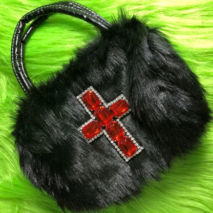 Xiuya Y2k Gothic Handbag Soft Plush Black Cross Applique Shoulder Bag Fashion Harajuku Style Punk Hip Hop Biker Crossbody Bag