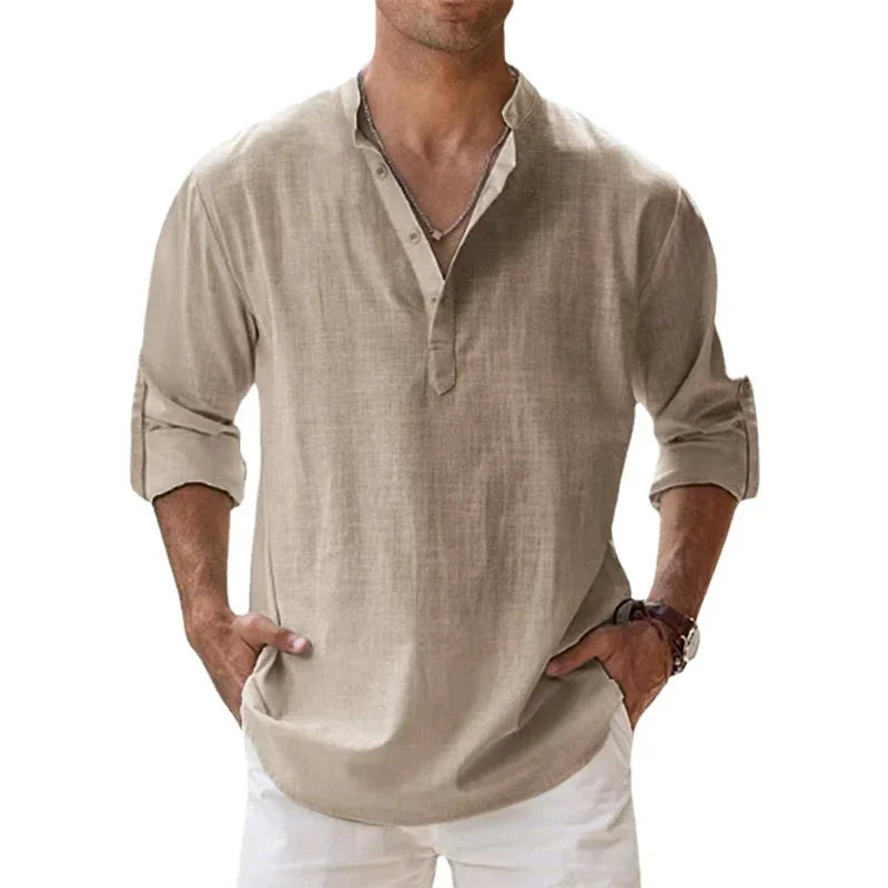 New Men's Linen Long Sleeve T-Shirts Breathable Shirt Solid Color Casual Basic Cotton Linen Shirt Tops