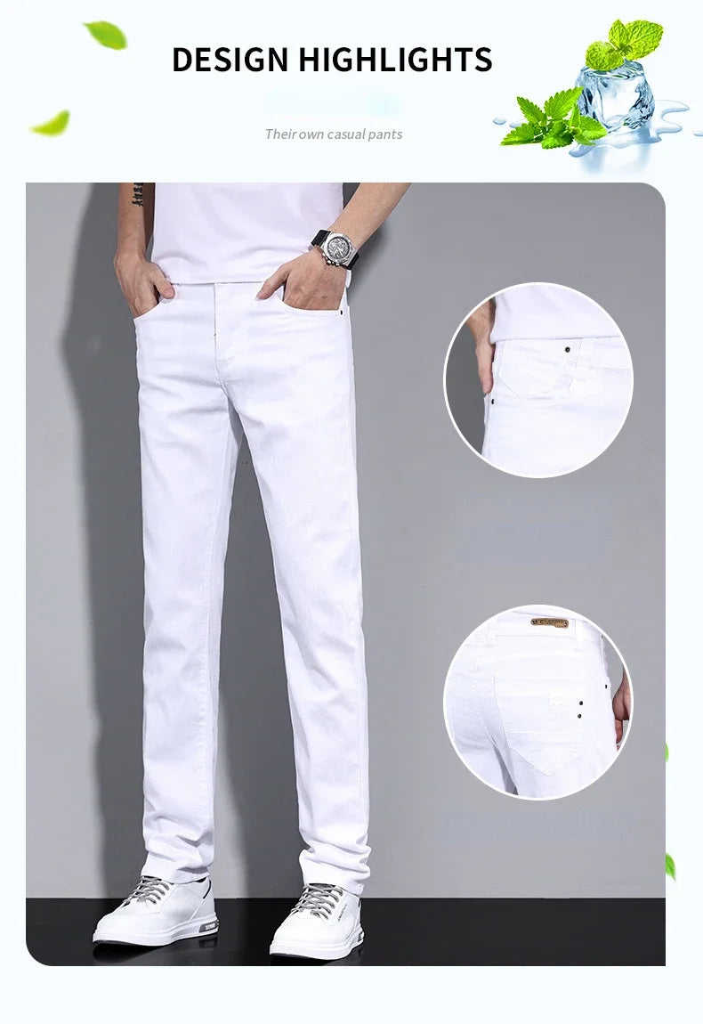 2024 New Men's Pure White Slim Casual Pants Brand Clothing Stretch Straight Gentleman's Suit Long Trousers Classic Style Male