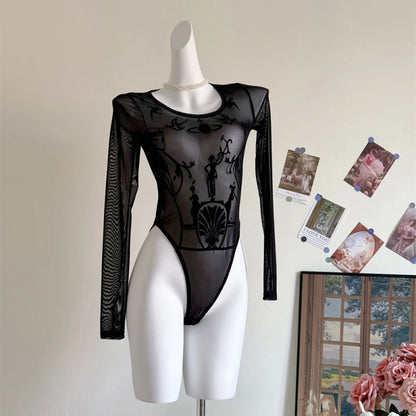 2024 Long Sleeve Black Mesh See Through Sexy Bodycon Bodysuit Spring Summer Women New Outfit Gothic Punk Bodysuits Y2k Clothing