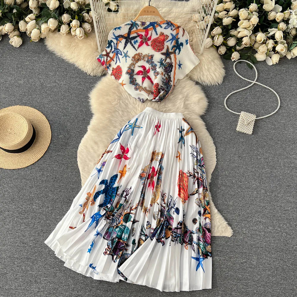 New Summer Runway Pleats Floral Print Two Piece Set Women Half High Collar Stretch Top+Elastic Waist Long Pleated Skirt Outfits