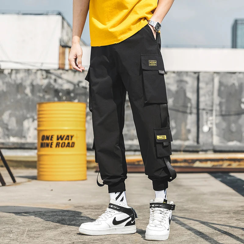 New Joggers Cargo Pants for Men Casual Hip Hop Pocket Male Trousers Sweatpants Streetwear Ribbons Techwear Pants