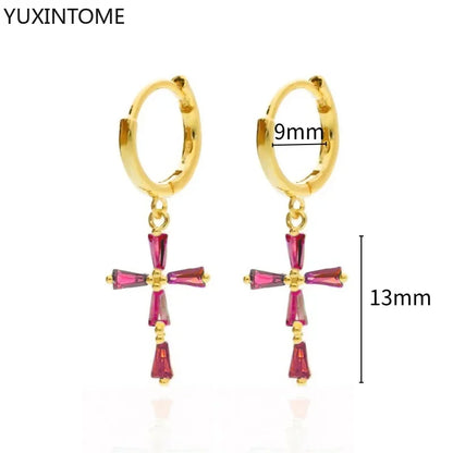 925 Silver Ear Needle Rose Red Hoop Earrings For Women Exquisite Water Drop/Flower/Heart Crystal Piercing Huggie Earring Jewelry