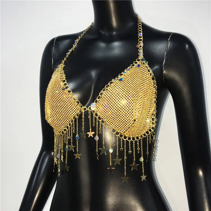 Glitter Rhinestone Star Tassel Tank Top For Women Sexy Backless V Neck Halter Camisole Rave Festival Party Club Crop Tops