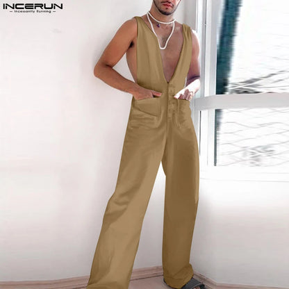 Men Jumpsuits Solid Color Deep V Neck Sleeveless Pocekts Rompers 2023 Streetwear Loose Fashion Casual Men Overalls S-5XL INCERUN