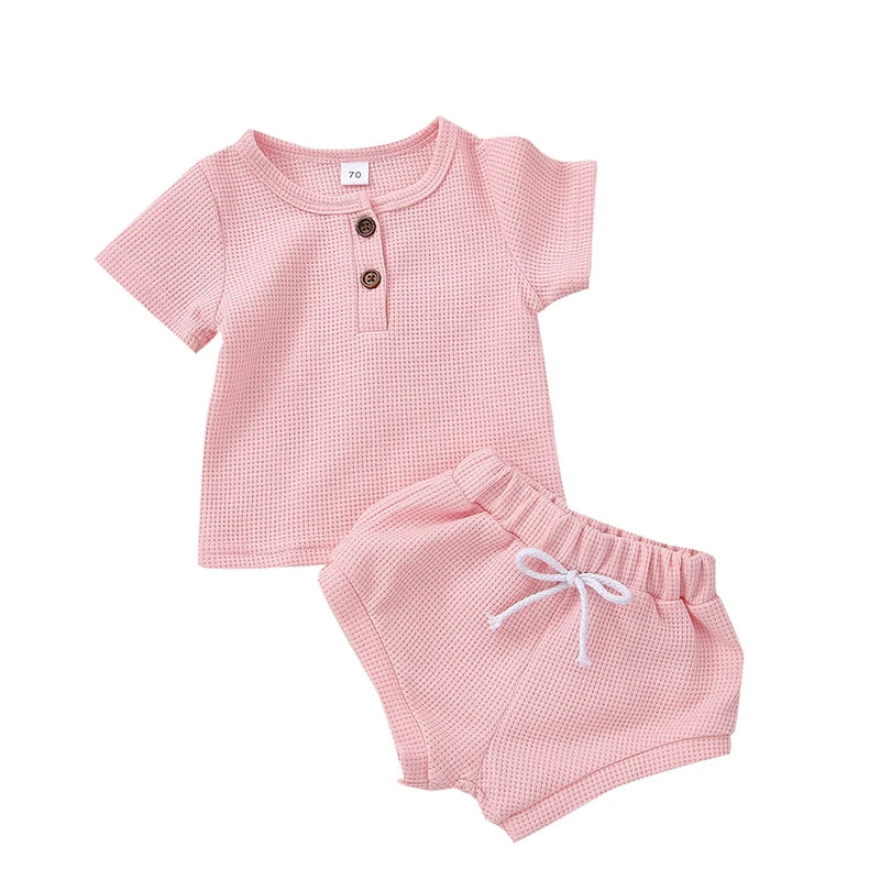 Cotton Casual Summer Newborn Baby Boys Girls Outfits Suit Ribbed Knitted Short Sleeve T-shirts Tops+Shorts 2Pcs Kids Tracksuits