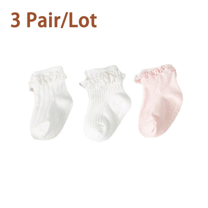 3/5Pair/Lot New Baby Children's Non-slip Autumn Winter Cotton Socks Solid Color Baby Foot Socks Girls Breathable Ruffled Socks