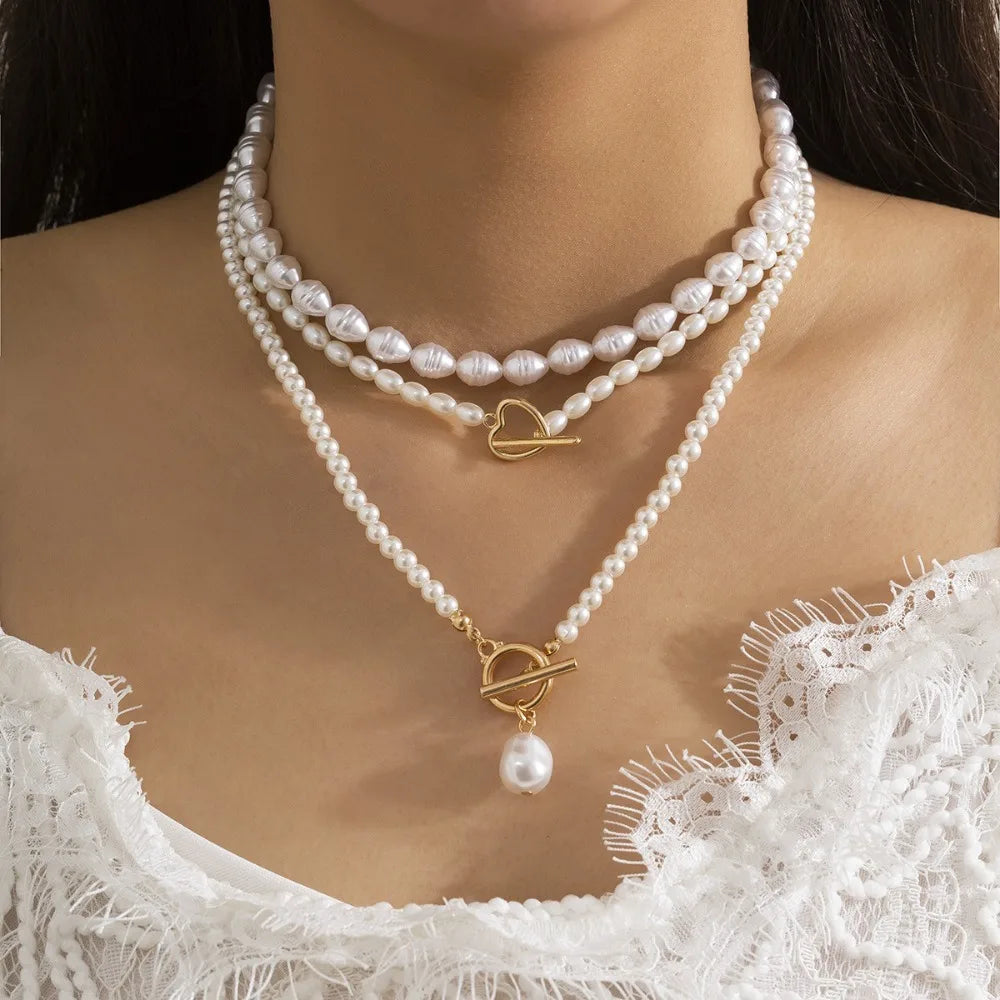 Multilayer Imitation Pearl OT Buckle Pendant Necklace Women Wed Bridal Goth Bead Chain Y2K Accessories Neck Jewelry Decoration