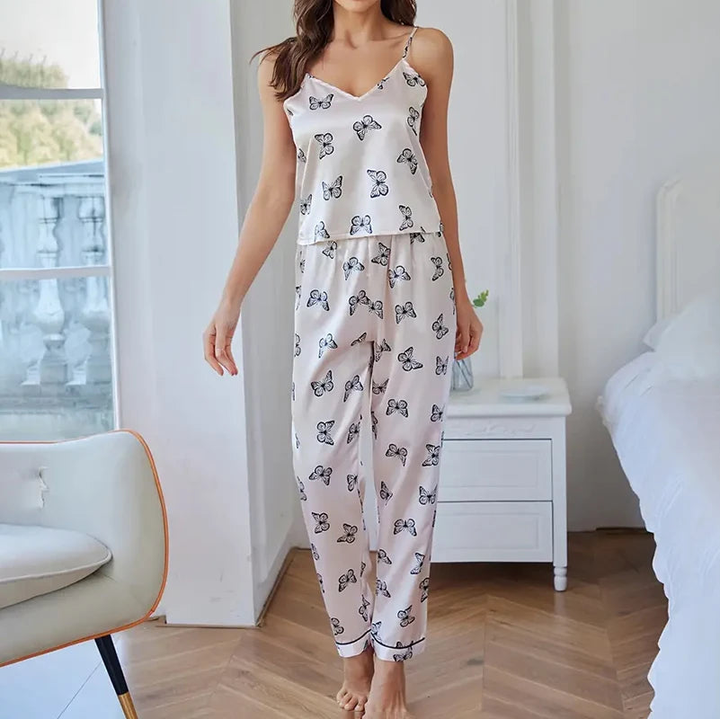 Women's Butterfly Print Cami Top with Pants Satin Pajama Set Sleepwear Women Pijama Pyjamas Summer Homewear Satin PJ Set