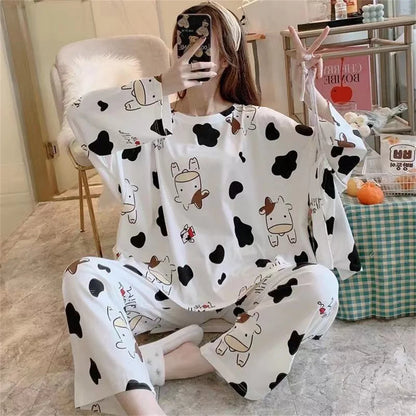 2PCS/Set Women's Clothes Spring and Fall Pajamas Long-Sleeved Cartoon Cute Sweet Floral Young Girl Homewear Outside Loungewear