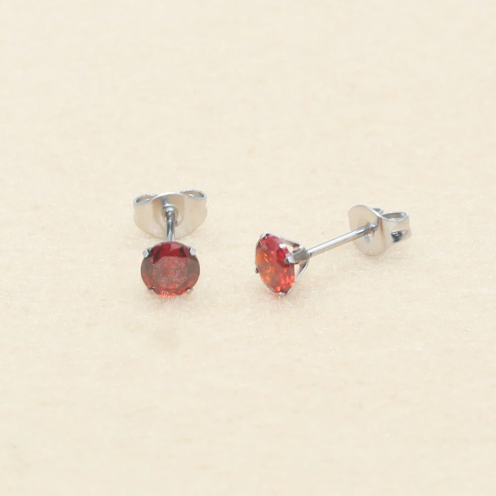 Pomegranate Red Zircon Stud Earrings Stainless Steel IP Planting 5mm Round