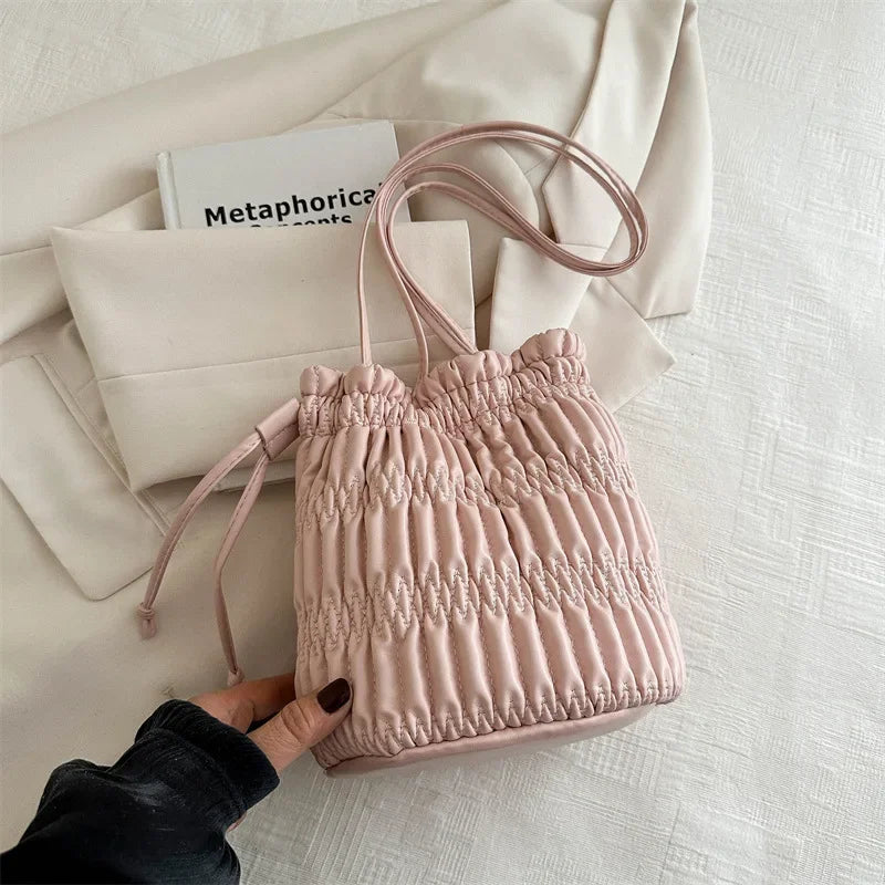 Silver Pleated Drawstring Shoulder Bucket Bags Women Designer Soft PU Leather Small Handbags Female Casual Purse Underarm Bag