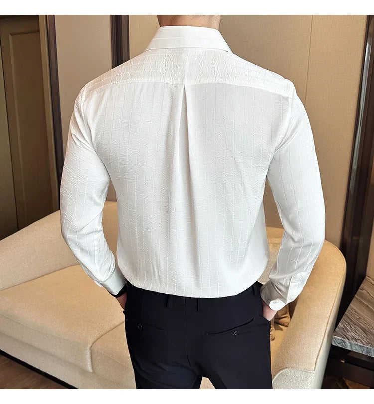 Luxury Korean Pleated Stripe Shirts For Men's High Quality Long Sleeve Slim Fit Casual Shirt Formal Social Party Tuxedo 4XL-M