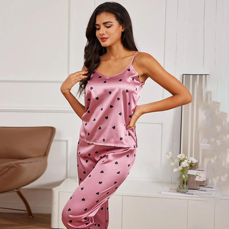 Women's Home Clothes Sexy V Neck Pajama Silk Pajamas Set Sleepwear Satin Cami Vest with Trousers Pajamas 2 Piece Sets Loungewear