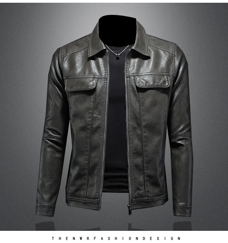 Men's Jacket Spring and Autumn Handsome Solid Color Collar Motorcycle Leather Coat Slim Fashion Leather Jacket M-5XL