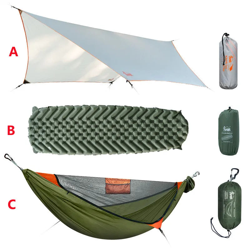 New Travelers camping outdoors with mosquito net hammocks, increased anti roll over speed, anti mosquito hammocks