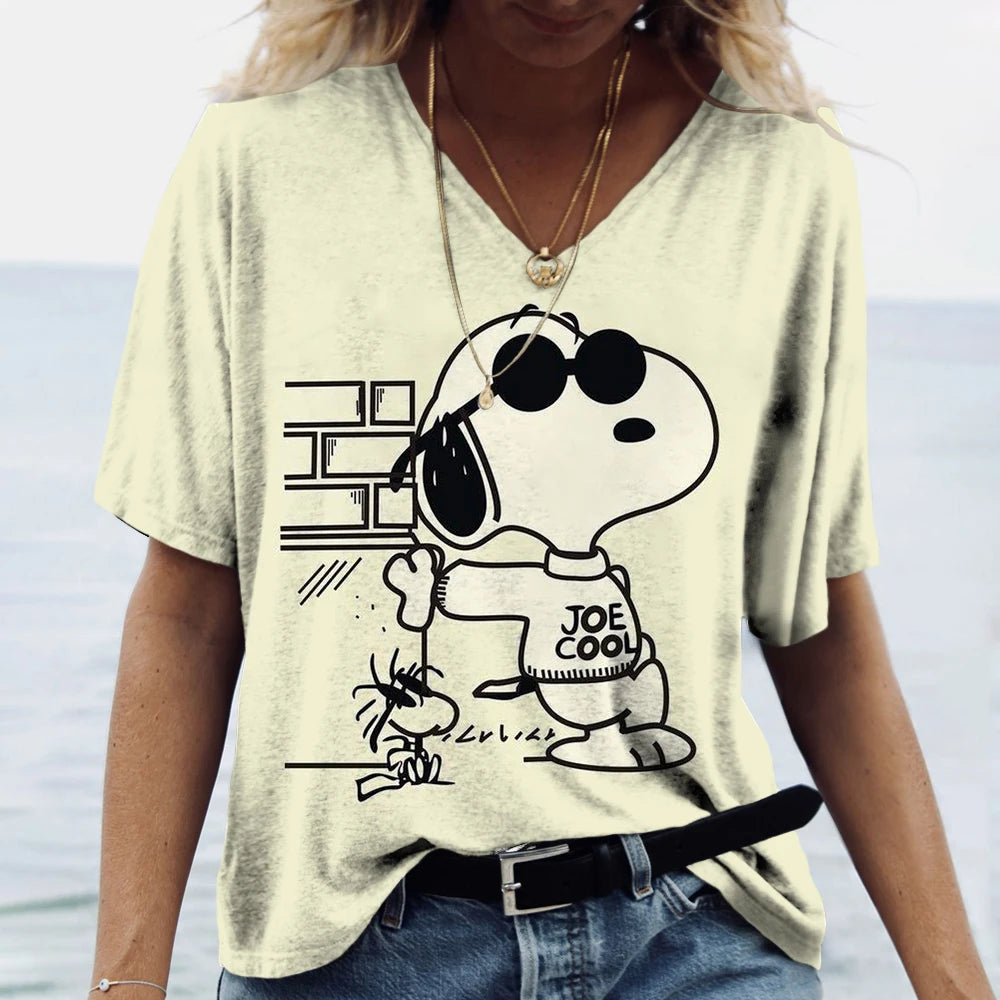 Women's T-shirts Disney Snoopy 3D print New V-neck Short Sleeve Summer Casual Women's Clothing Harajuku Y2K Hip Hop Clothe