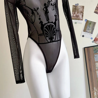 2024 Long Sleeve Black Mesh See Through Sexy Bodycon Bodysuit Spring Summer Women New Outfit Gothic Punk Bodysuits Y2k Clothing