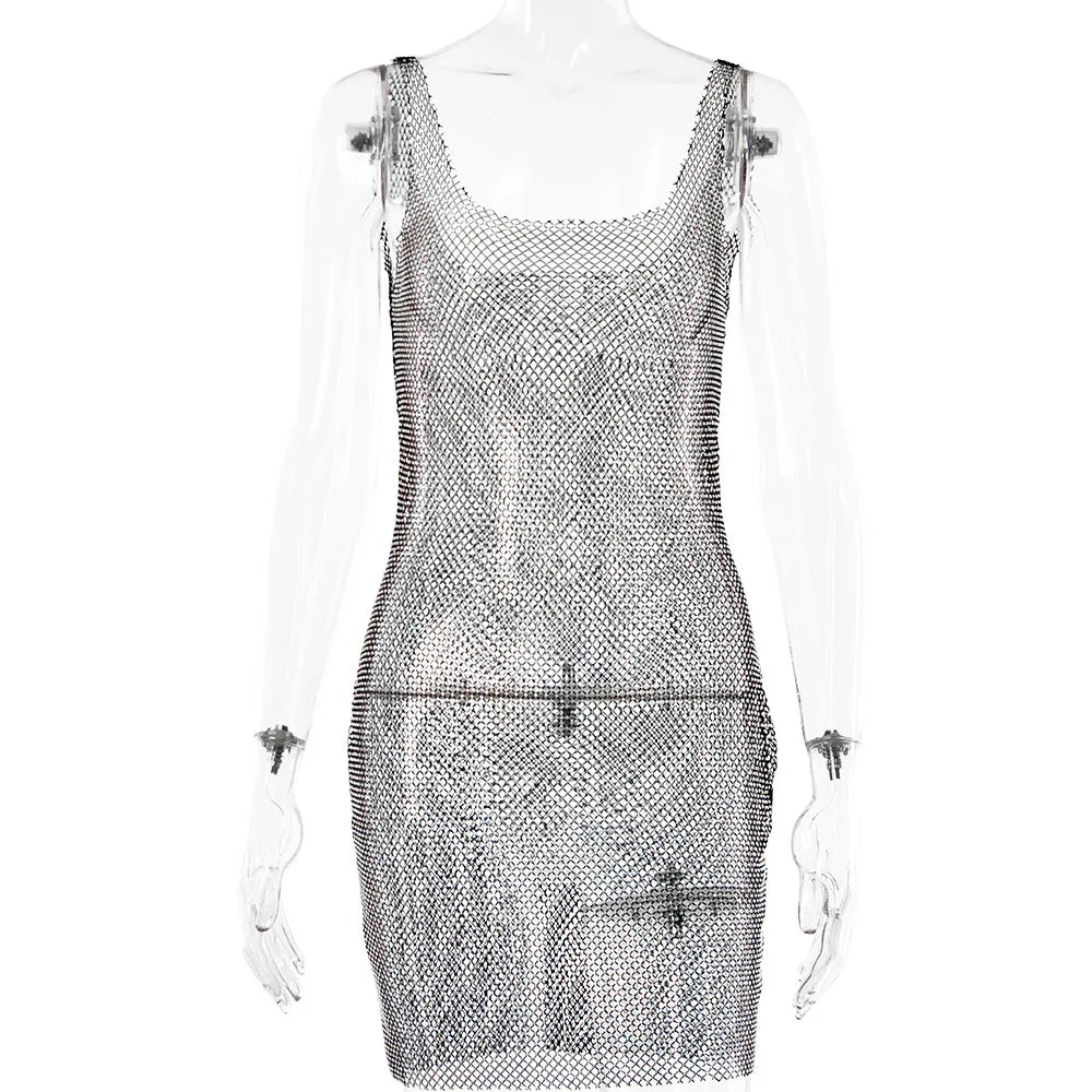 European and American Clothing 2024 Summer New Style Bright Diamond Dress Net Diamond Sexy Suspender Hollow See-through Skirt