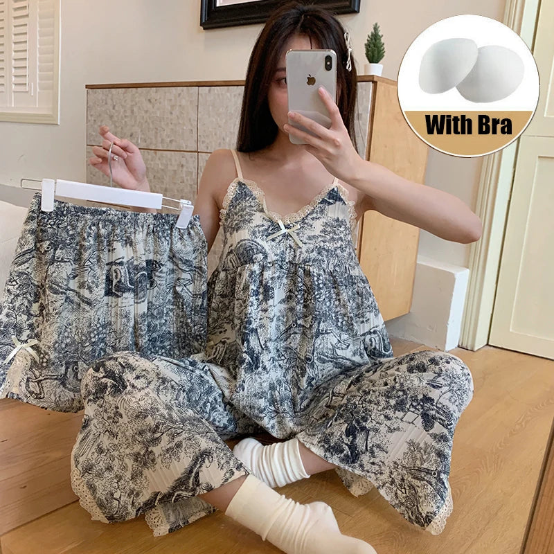 3PCS/Set Women Summer V-neck Pajamas Suspender Sleeveless Shorts Pants Ladies Vintage Fragmentary Homewear Breathable Clothes