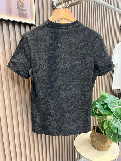 Tops Embroidery Men's T-shirt Black Drawings Male Tees Shirts Motorcycle 5xl Aesthetic Clothing Short Quarter Sleeve Hot Stylish