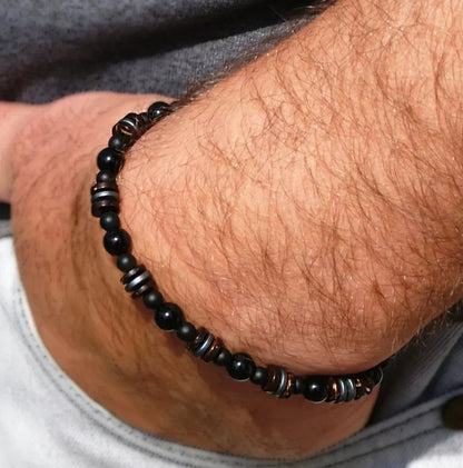 Men's Black Onyx Round Bead & Arrow Stone Bead Yoga Bracelet