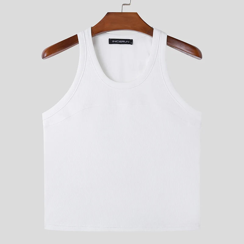 2024 Men Tank Tops Solid Color O-neck Sleeveless Streetwear Fitness Casual Male Vests Summer Fashion Crop Tops Men S-5XL INCERUN