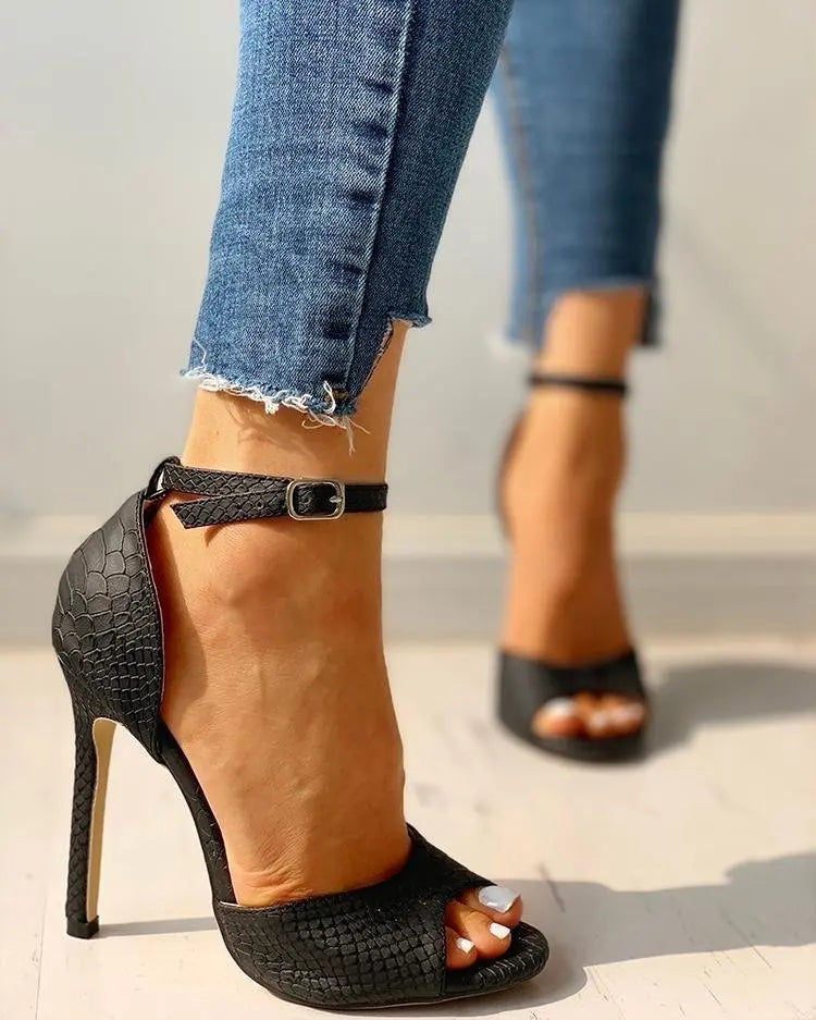 Summer Women High Heel Sandals Solid Open-toe Stiletto Ankle Strap Temperament Female Shoes Sexy Red Black Sandalias Mujer