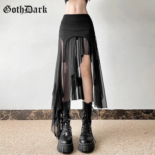 Goth Dark Cyber Y2K Irregular Hem Mid Skirts Harajuku Fashion Streetwear Mesh Patchwork Club Alt Bottoms Punk Skirt for Women