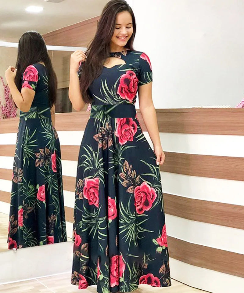 Robe Women's Casual Flower Summer Vestido Short-Sleeved Round Neck Floral Robe Mulheres Maxi Dress 2023 Elegant Kleid