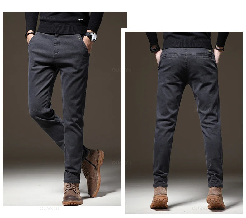 Brand Clothing Winter Fleece Warm Casual Pants Men Cotton Elastic Waist Brown Grey Twill Work Slim Flocking Cargo Trousers Male