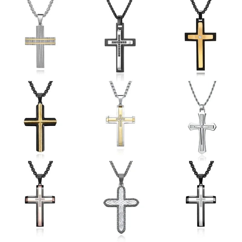 2023 New Stainless Steel Cross Pendant Necklace for Men Boyfriend Charm Link Chain Male Punk Hip-hop Jewelry Dropshipping