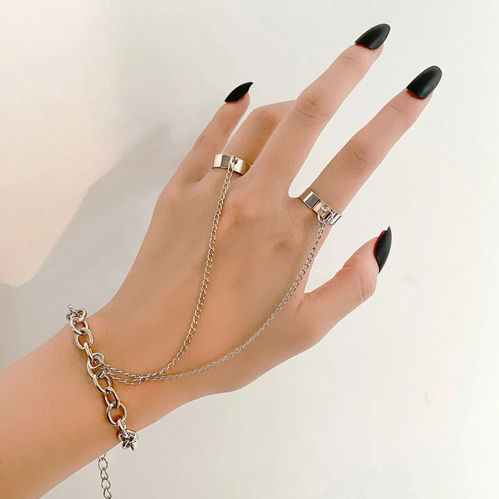 New Fashion Chain Link Ring Full Rhinestone Vintage Flower Double Finger  For Women Girl Party Jewelry Gift Accessories