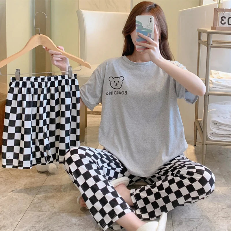 New women's summer three-piece pajamas homewear women short-sleeved trousers cartoon leisure women's homewear pajamas set