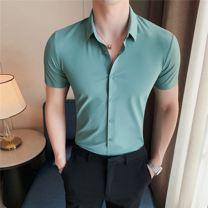 6colors High Quality New Solid High Elasticity Seamless Short Sleeve Shirts Men Slim Social Casual Business Formal Dress Shirt