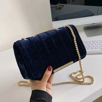 Gold Velvet Fabric Embroidered Small Square Bag With Single Shoulder Chain Bag Women's Crossbody Bag Embroidered Thread Women's