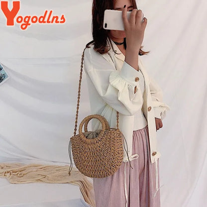 Yogodlns Handmade Half-Round Rattan Woven Straw Bag Summer Women Messenger Crossbody Bags Girls Small Beach Handbag New