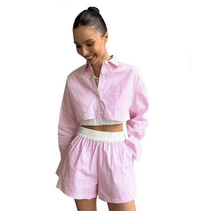 2 Pieces Set Sexy 2024 Summer Autumn Fashion Women Set Female Tops Stripe Long Sleeve Shirt Tops And Shorts Suit Matching Outfit